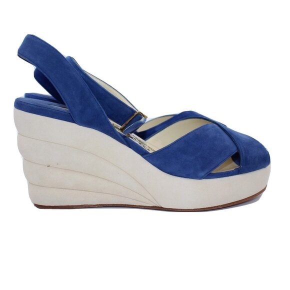 Salvatore Ferragamo Womens Summer Wedge Heels Shoes Blue Beige 37 M